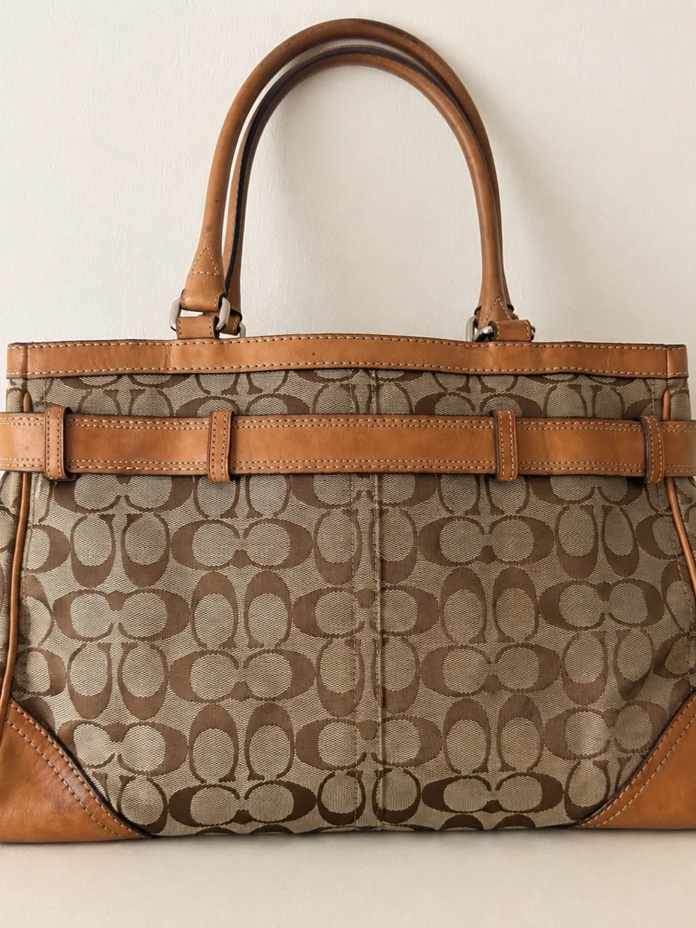 Vintage Y2K Coach Hamptons 8K07 Signature Jacquard Carryall Tote Tan Leather